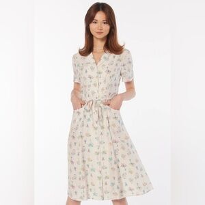 HVN Short Sleeve Silk Maria Dress Palm Tree Print NWT